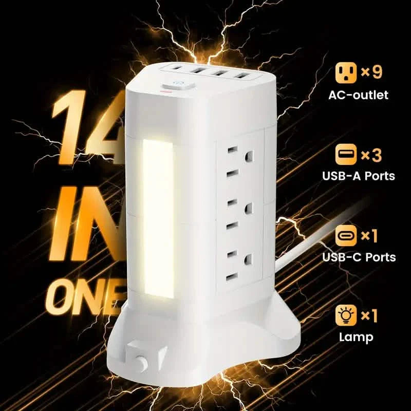 14-in-1 Steckdosenleisten-Turm mit 4 USB-Anschlüssen & 9 AC-Steckdosen, 3m Verlängerungskabel, Einstellbares 3-Farben-Nachtlicht