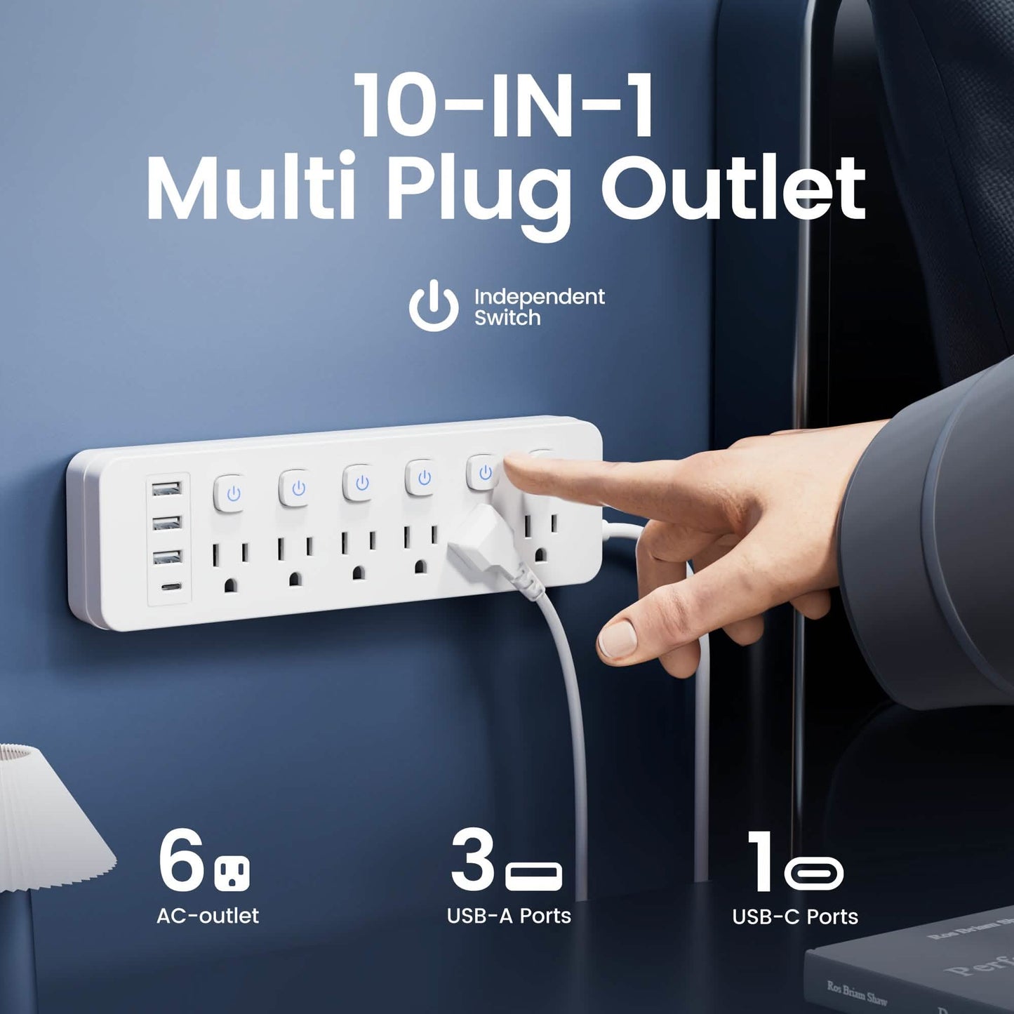 10-in-1 Mehrfachsteckdosenleiste – 6 AC, 3 USB-A, 1 Typ-C