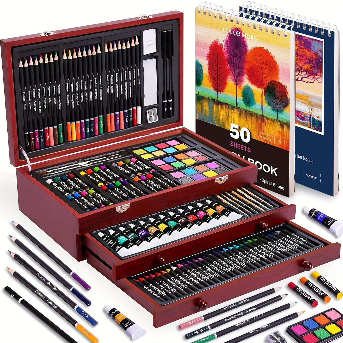 175-teiliges Deluxe-Kunstset – Buntstifte, Farbstifte und Acrylfarben im Holzkoffer