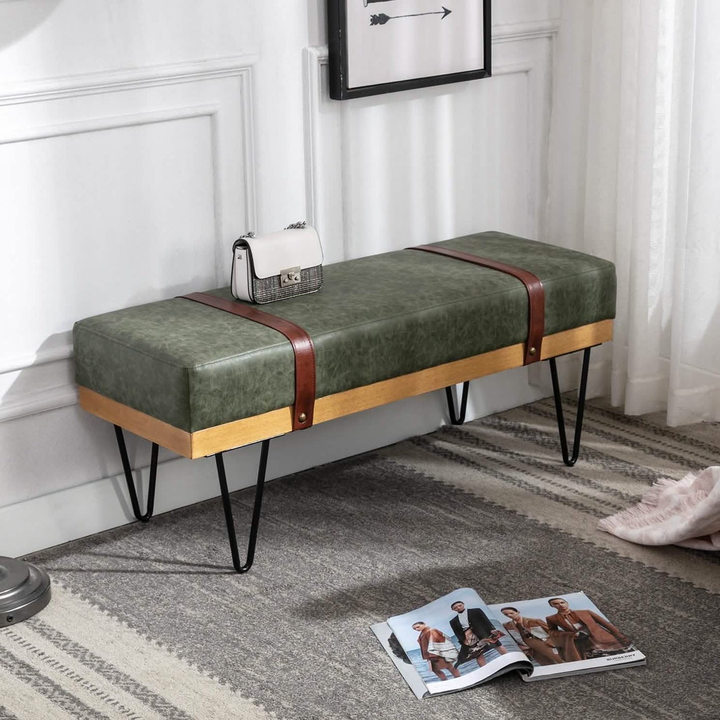 Sitzbank für Schlafzimmer, Eingangsbereich, Leinen, Polsterhocker, Stoffbezogen mit weichem Kissen und Massivholzrahmen