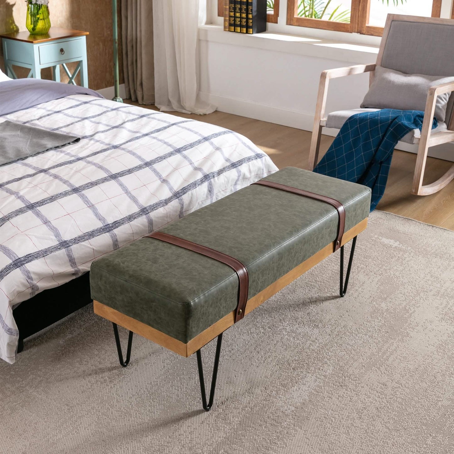 Sitzbank für Schlafzimmer, Eingangsbereich, Leinen, Polsterhocker, Stoffbezogen mit weichem Kissen und Massivholzrahmen