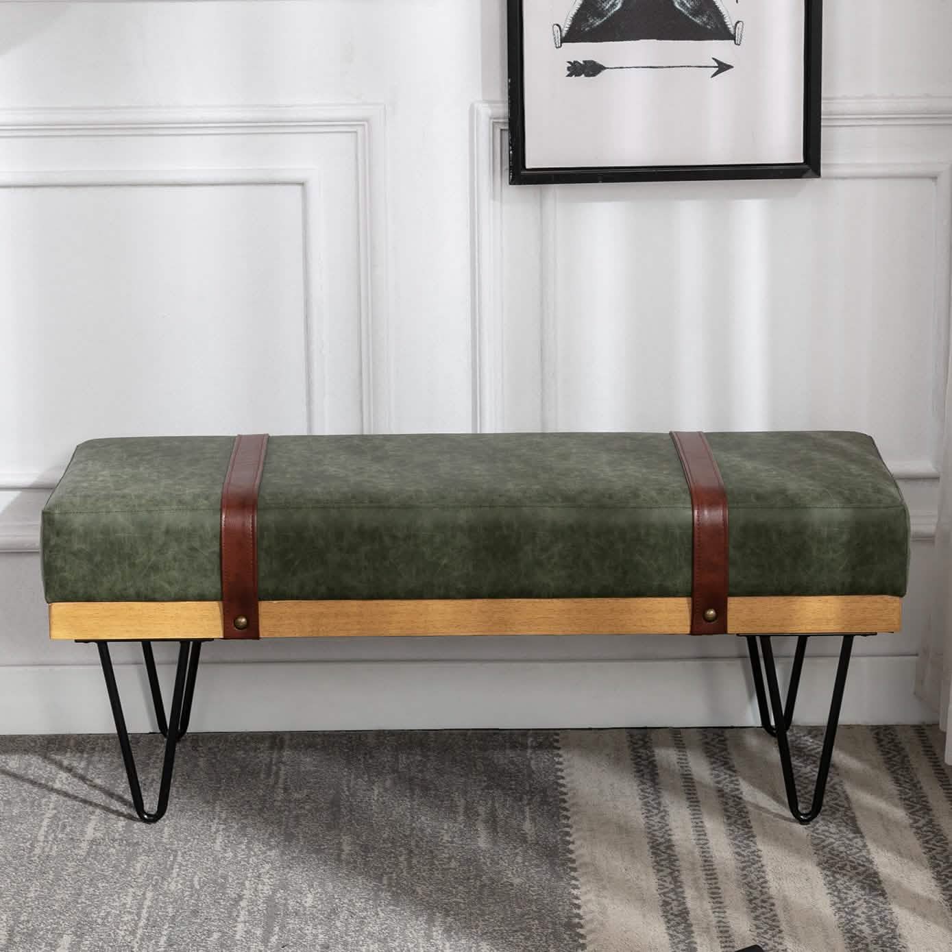 Sitzbank für Schlafzimmer, Eingangsbereich, Leinen, Polsterhocker, Stoffbezogen mit weichem Kissen und Massivholzrahmen