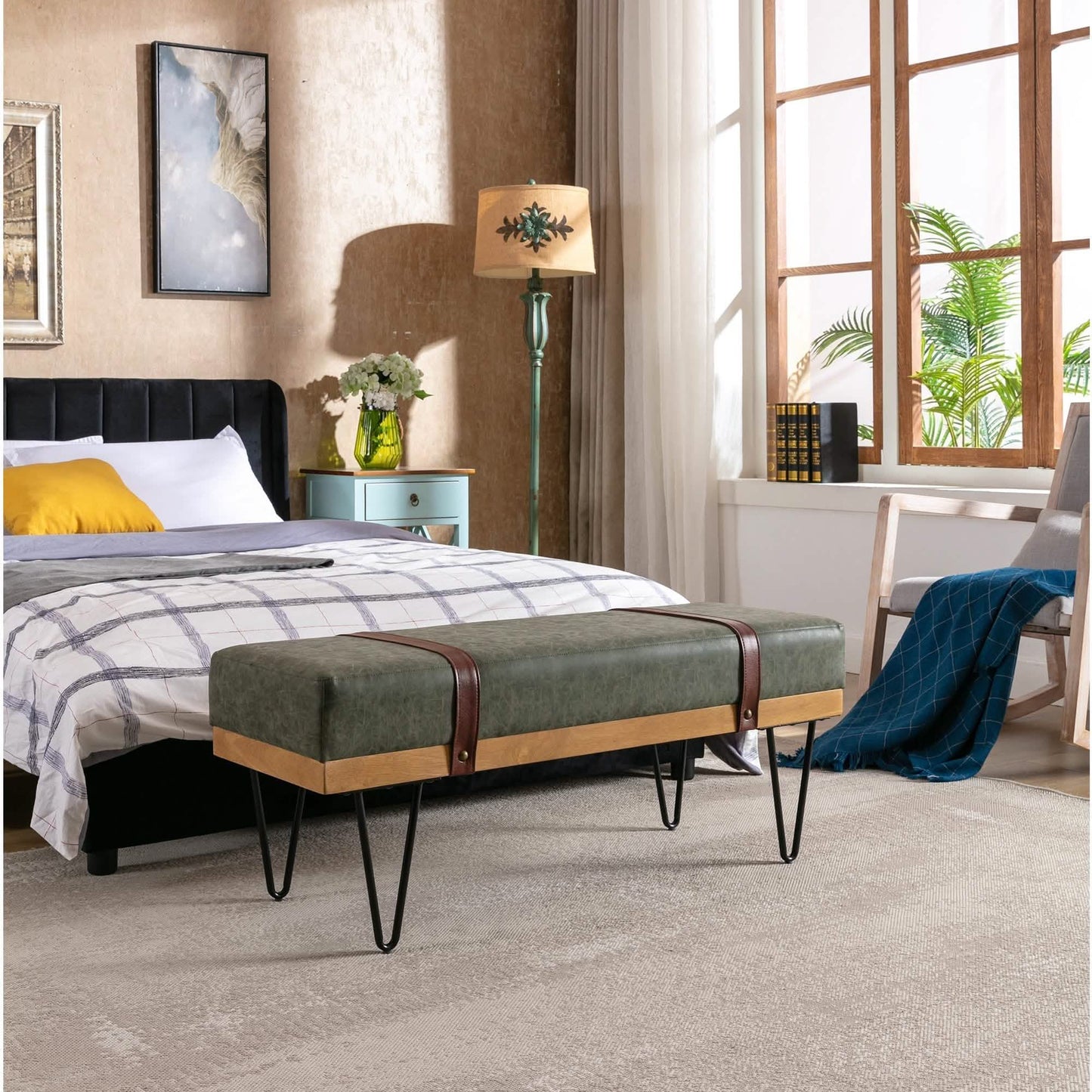 Sitzbank für Schlafzimmer, Eingangsbereich, Leinen, Polsterhocker, Stoffbezogen mit weichem Kissen und Massivholzrahmen