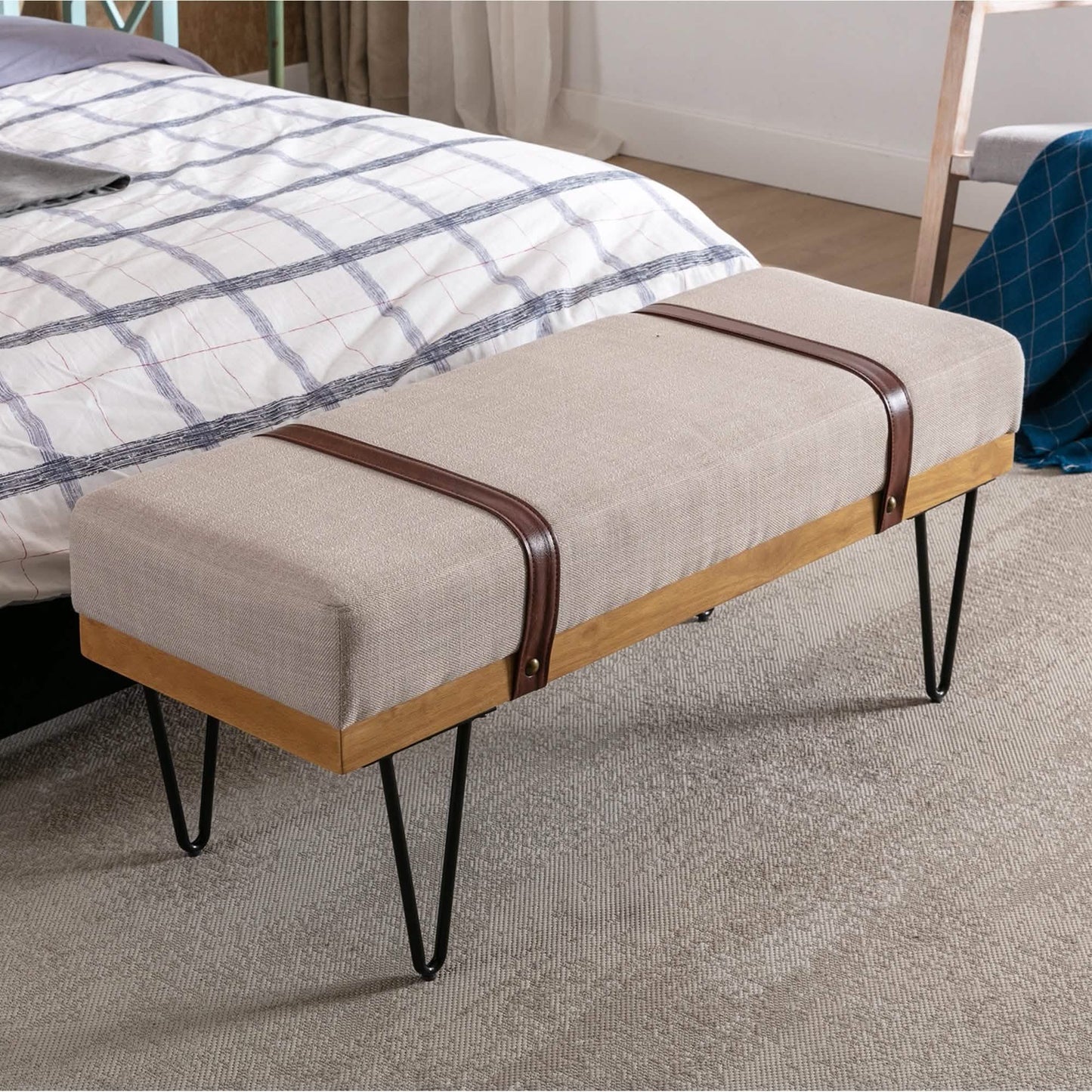 Sitzbank für Schlafzimmer, Eingangsbereich, Leinen, Polsterhocker, Stoffbezogen mit weichem Kissen und Massivholzrahmen