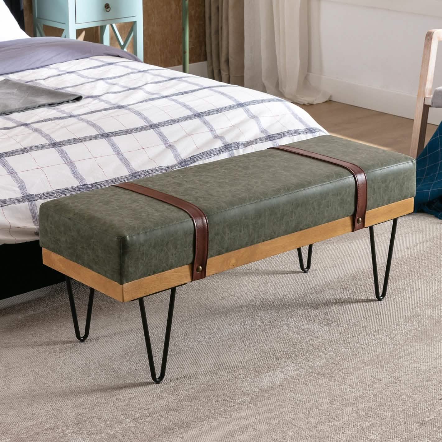 Sitzbank für Schlafzimmer, Eingangsbereich, Leinen, Polsterhocker, Stoffbezogen mit weichem Kissen und Massivholzrahmen