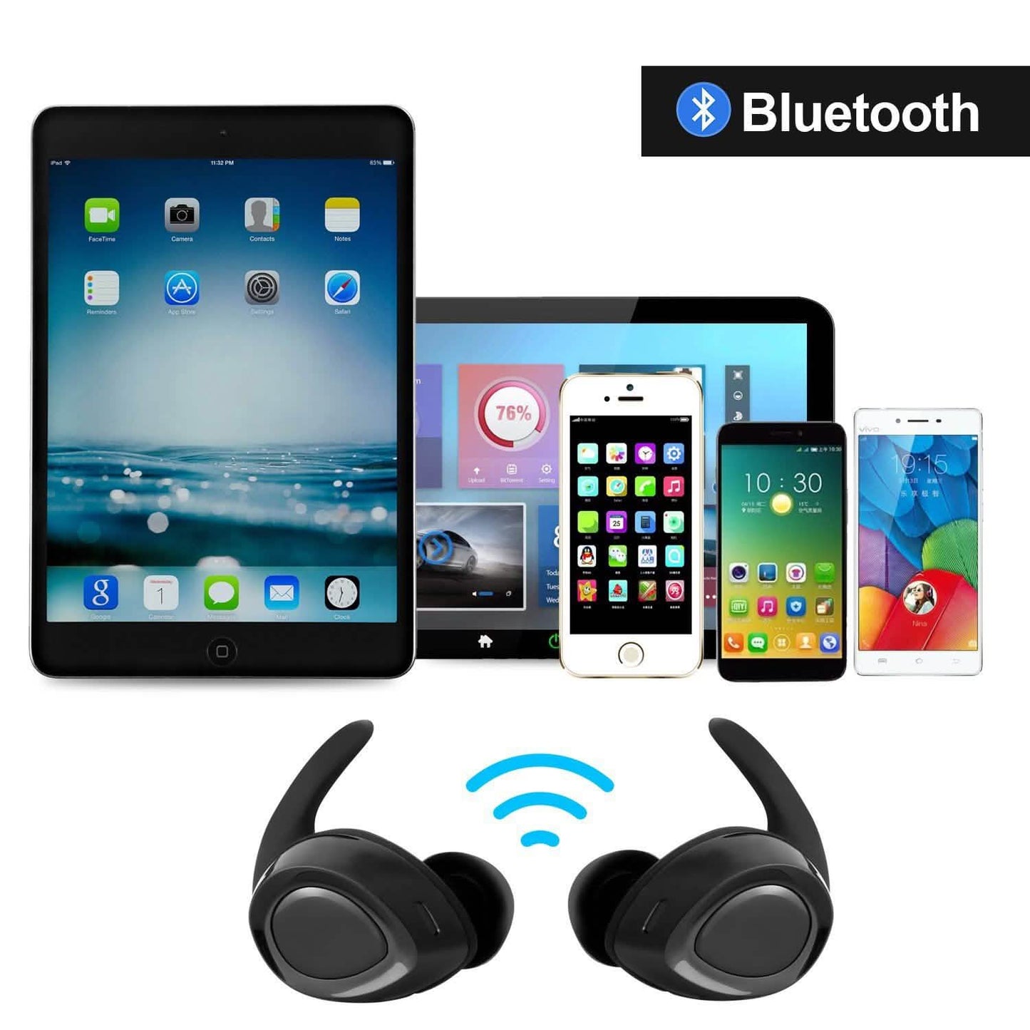 Schwarze kabellose Mini-Bluetooth-Twin-Ohrhörer mit Mikrofon, echtem Bass, Stereo-In-Ear-TWS-Kopfhörer