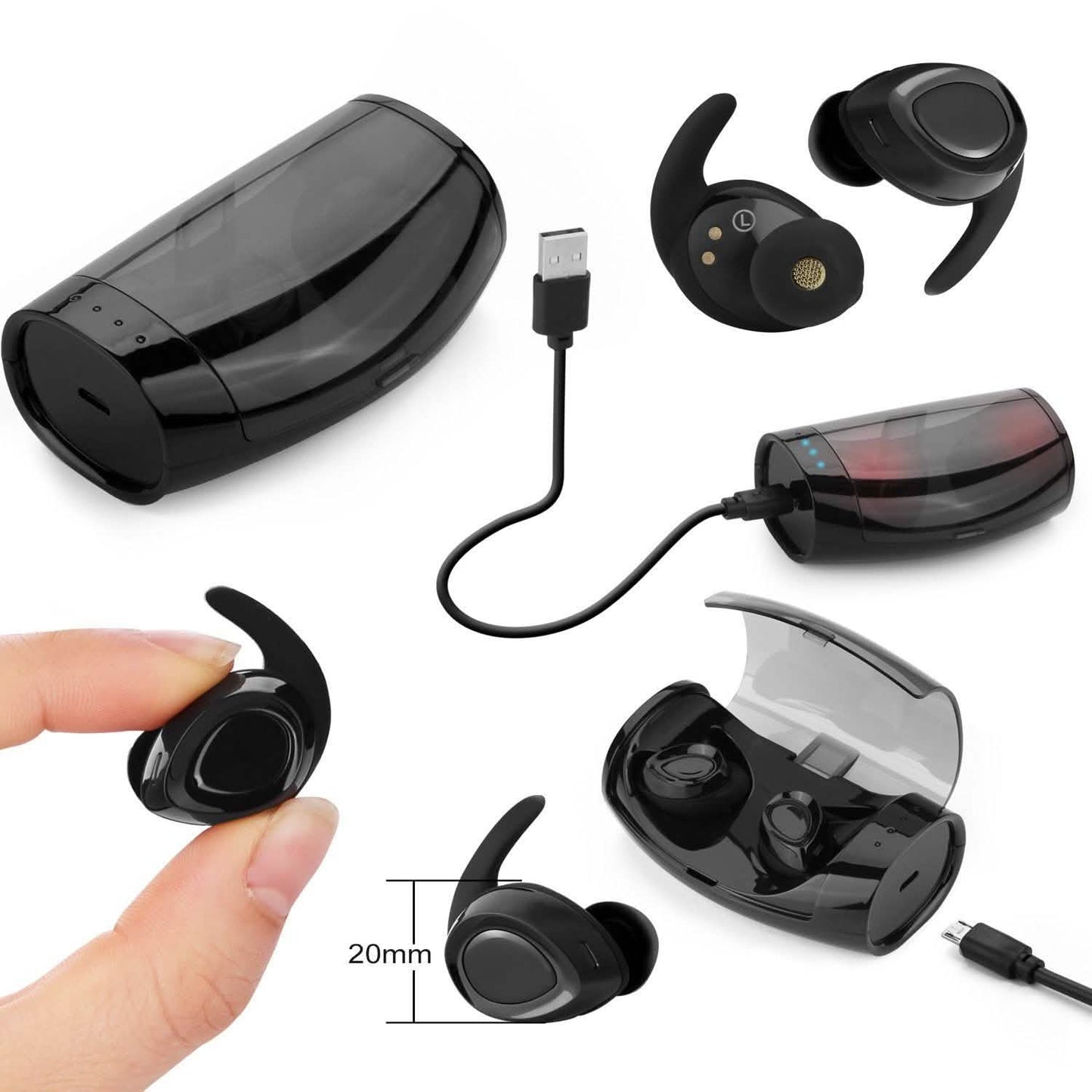 Schwarze kabellose Mini-Bluetooth-Twin-Ohrhörer mit Mikrofon, echtem Bass, Stereo-In-Ear-TWS-Kopfhörer