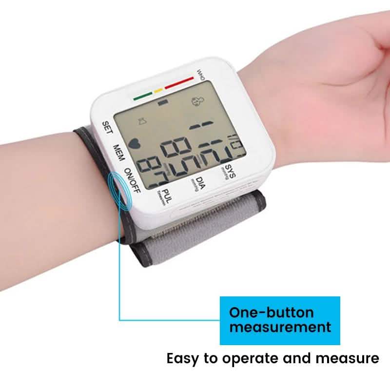 Blutdruckmessgerät mit großem LCD-Display und verstellbarer Handgelenkmanschette