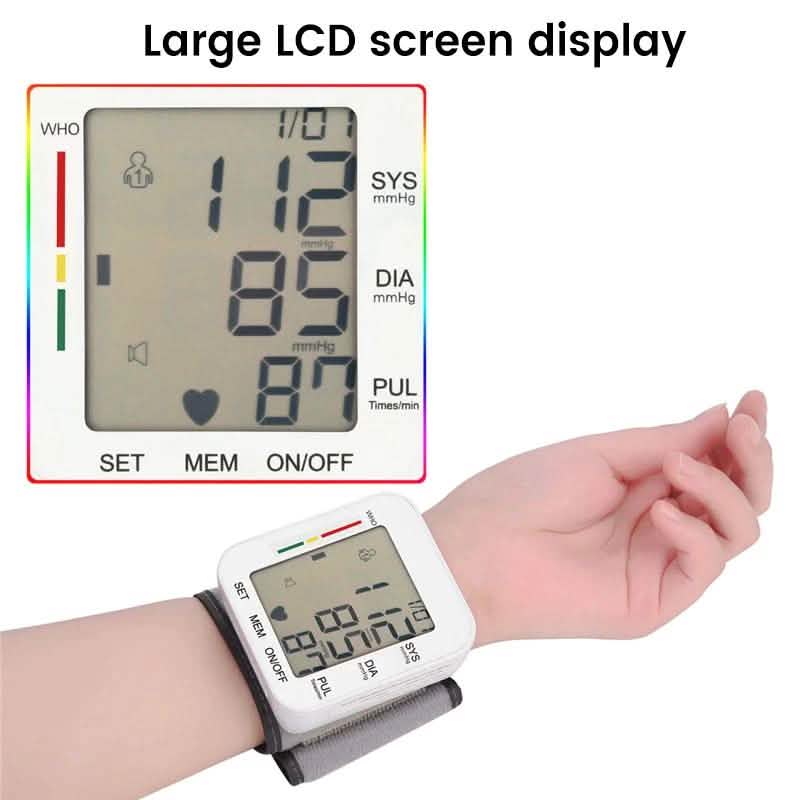 Blutdruckmessgerät mit großem LCD-Display und verstellbarer Handgelenkmanschette
