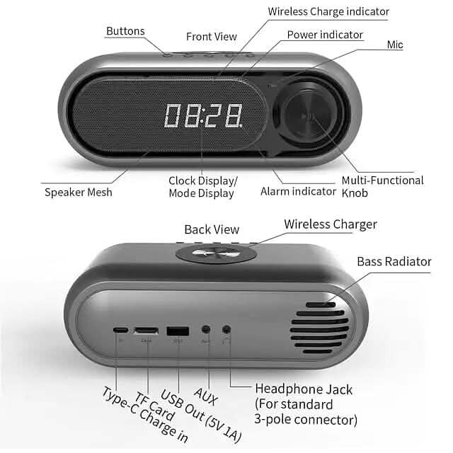 Bluetooth-Lautsprecher mit kabellosem Ladegerät und Wecker