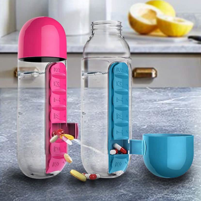 Wasserflasche mit integriertem Pillenorganizer, 600 ml