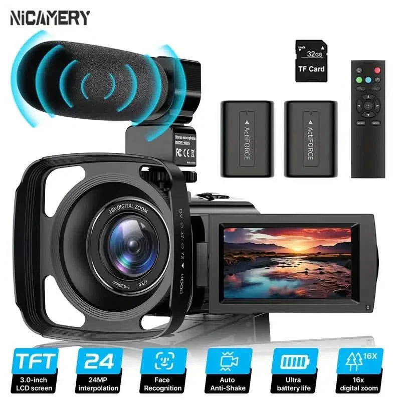 16-fach Zoom 1080P HD Digitalkamera-Bundle mit 2 Akkus, 32G TF-Karte, Mikrofon, Gegenlichtblende & Tasche