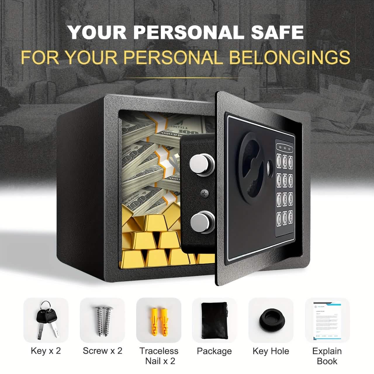 Feuerfester digitaler Heimsafes mit Tastatur, Sensorlicht und Geldbeutel – Silber