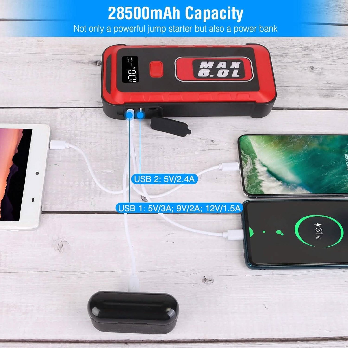 Starthilfegerät Starthilfe Booster 2500A Spitze 25800mAh Batterie Ladegerät Powerbank