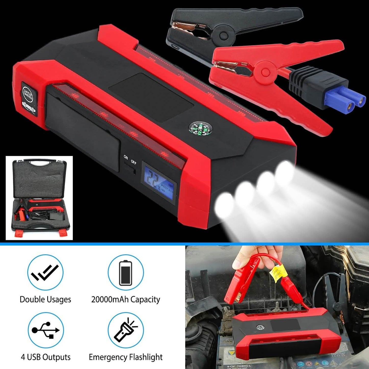 Auto-Starthilfegerät mit LCD-Bildschirm und LED-Taschenlampe mit 4 Modi