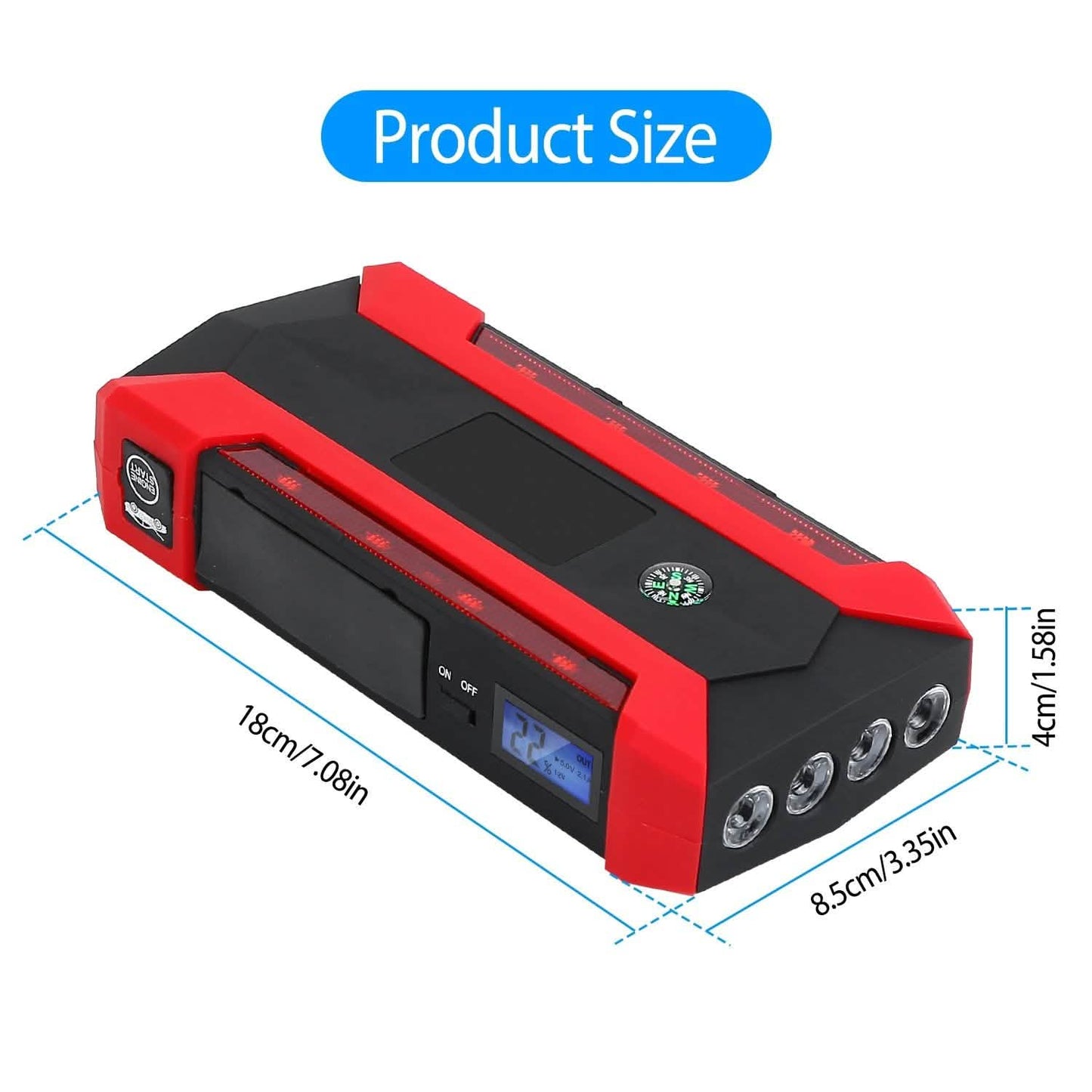 Auto-Starthilfegerät mit LCD-Bildschirm und LED-Taschenlampe mit 4 Modi
