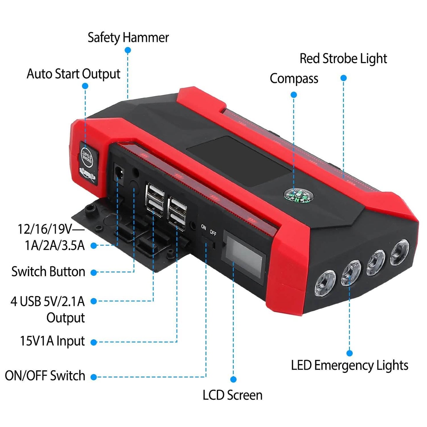 Auto-Starthilfegerät mit LCD-Bildschirm und LED-Taschenlampe mit 4 Modi