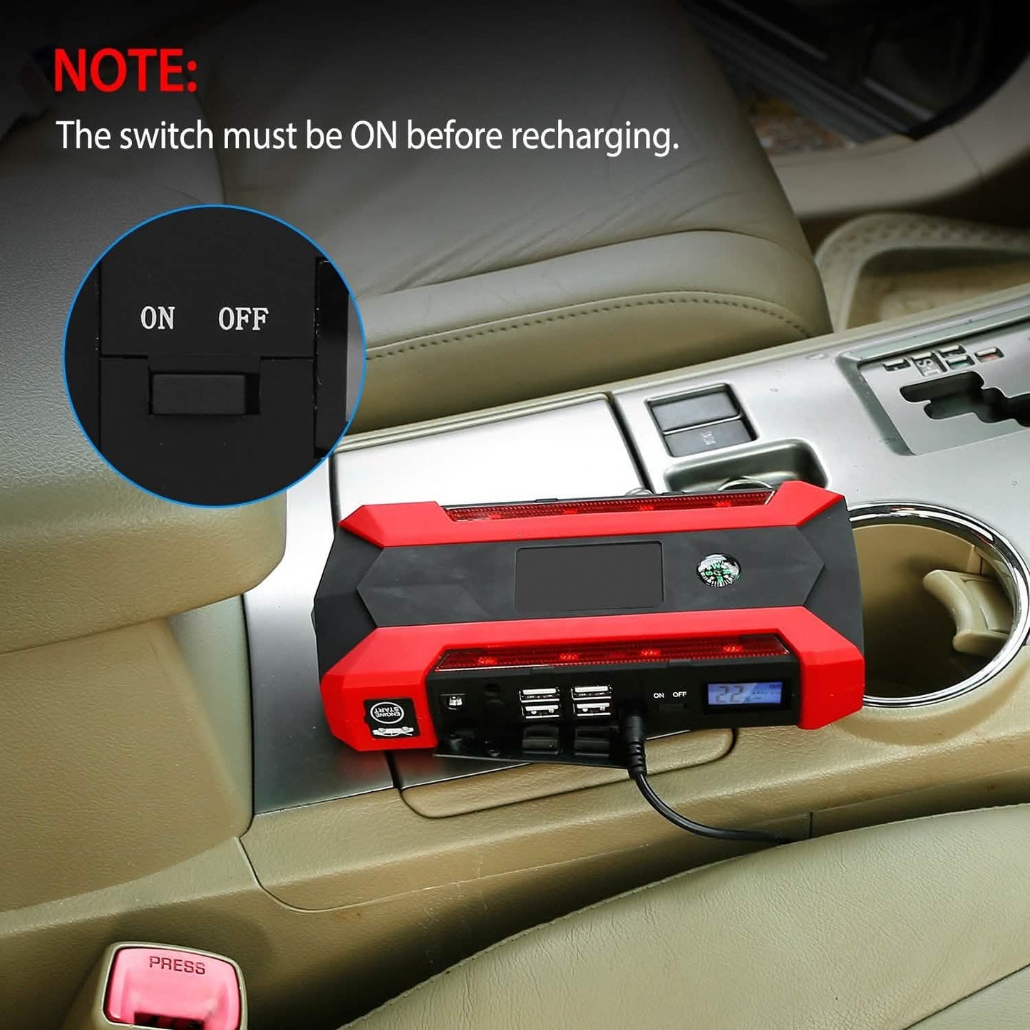 Auto-Starthilfegerät mit LCD-Bildschirm und LED-Taschenlampe mit 4 Modi