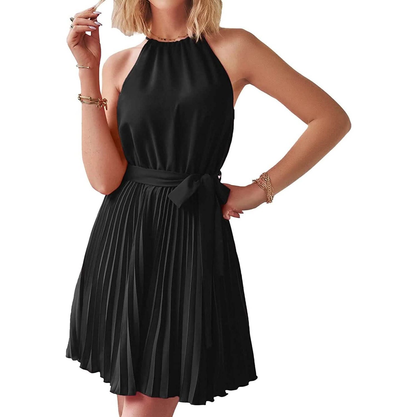 Freizeit-Neckholder-A-Linien-Kleid Ärmellos Gürtel Swing Falten Cocktail Party Strand Mini Kleider