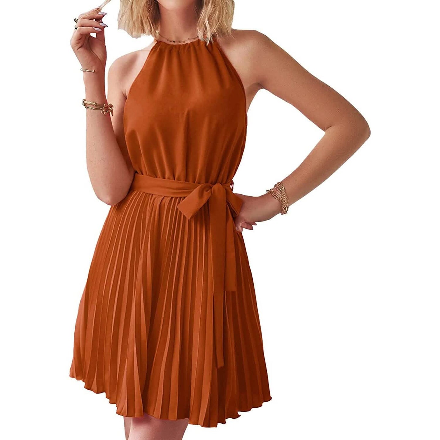 Freizeit-Neckholder-A-Linien-Kleid Ärmellos Gürtel Swing Falten Cocktail Party Strand Mini Kleider