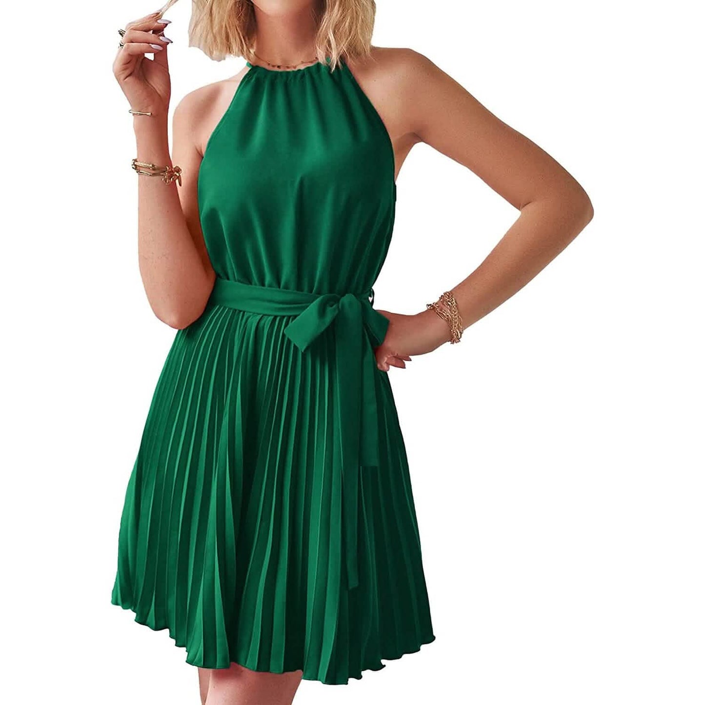 Freizeit-Neckholder-A-Linien-Kleid Ärmellos Gürtel Swing Falten Cocktail Party Strand Mini Kleider