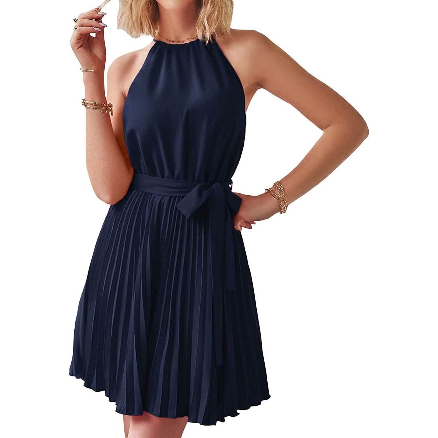 Freizeit-Neckholder-A-Linien-Kleid Ärmellos Gürtel Swing Falten Cocktail Party Strand Mini Kleider