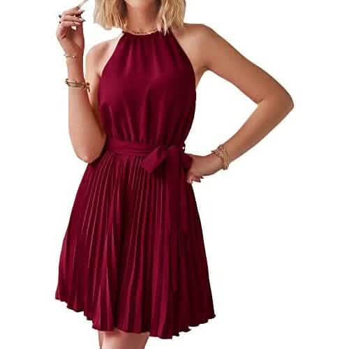 Freizeit-Neckholder-A-Linien-Kleid Ärmellos Gürtel Swing Falten Cocktail Party Strand Mini Kleider