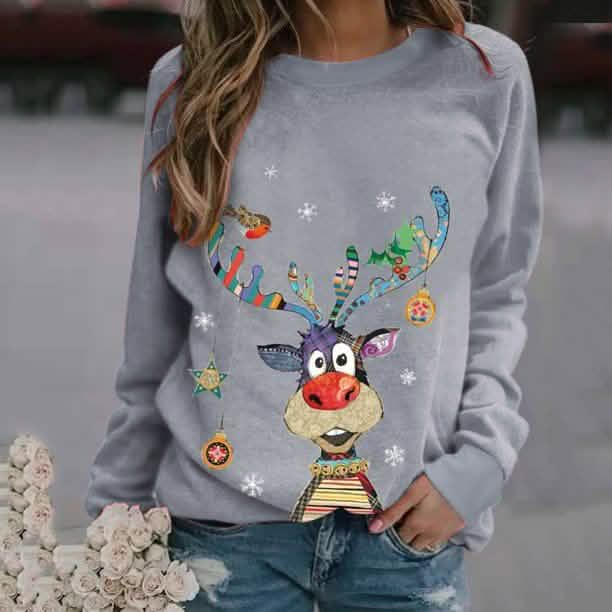 Lässige O-Neck Langarm Hirsch-Print Hoodies und Pullover Oberteile T-Shirts Kapuzenpullover