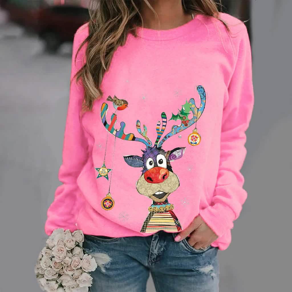 Lässige O-Neck Langarm Hirsch-Print Hoodies und Pullover Oberteile T-Shirts Kapuzenpullover