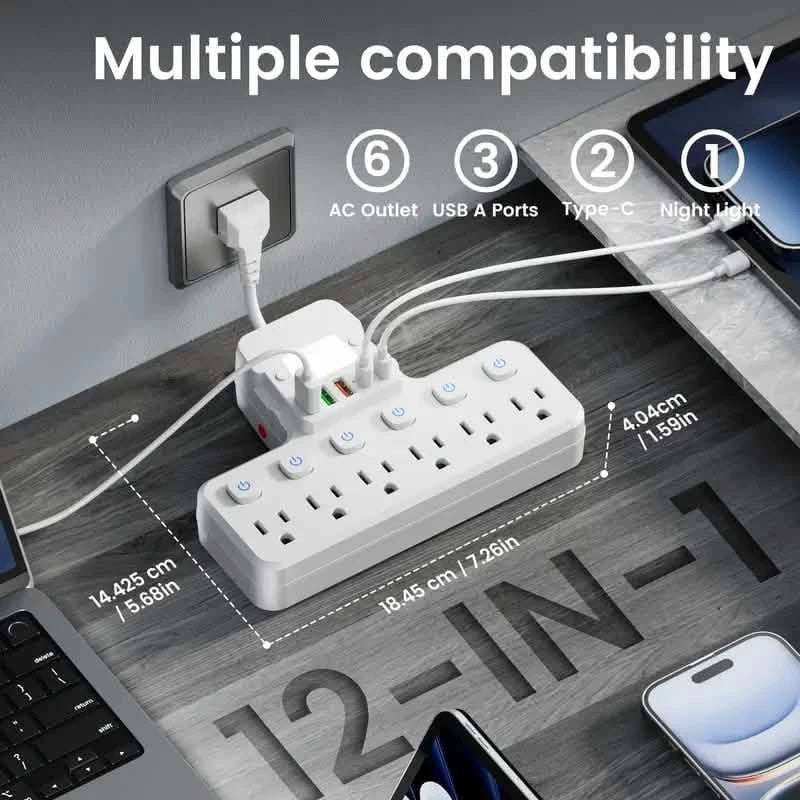 12-in-1 Verstellbare Schreibtischlampe mit Steckdosenleiste – 6 AC-Anschlüsse, 3 USB-A- und 2 Typ-C-Anschlüsse, Überspannungsschutz