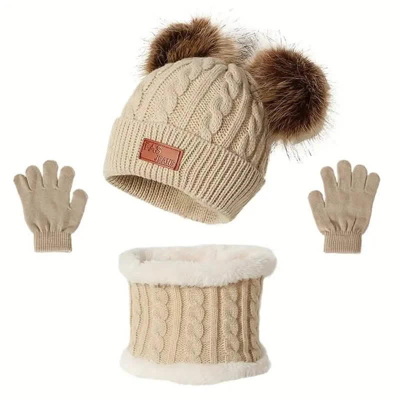 Kinder Winter Gestrickter Wollfutter Warmer Mütze, Schal, Handschuh Set Für 2-5 Jahre Alte Jungen Und Mädchen