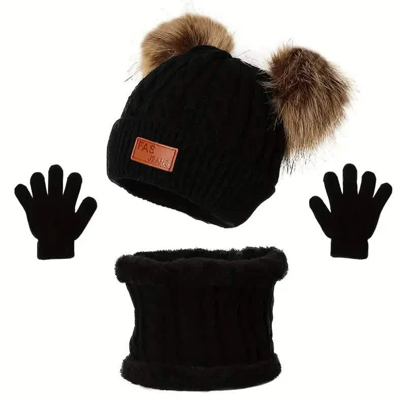 Kinder Winter Gestrickter Wollfutter Warmer Mütze, Schal, Handschuh Set Für 2-5 Jahre Alte Jungen Und Mädchen
