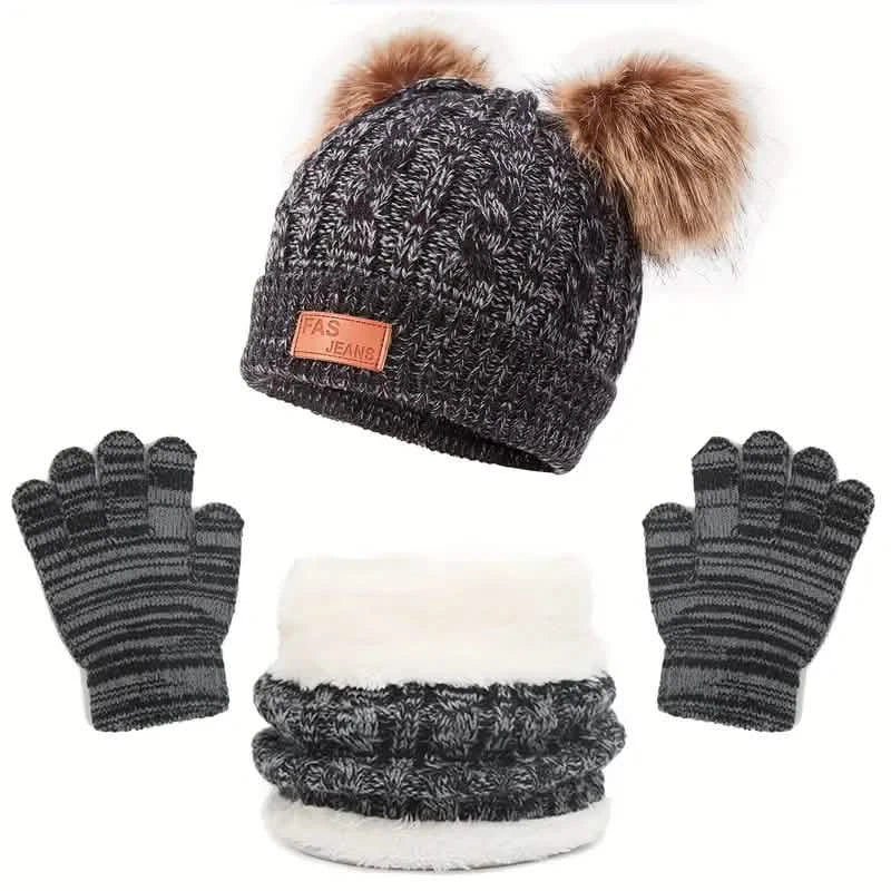 Kinder Winter Gestrickter Wollfutter Warmer Mütze, Schal, Handschuh Set Für 2-5 Jahre Alte Jungen Und Mädchen