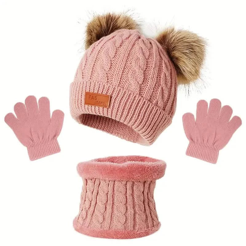 Kinder Winter Gestrickter Wollfutter Warmer Mütze, Schal, Handschuh Set Für 2-5 Jahre Alte Jungen Und Mädchen