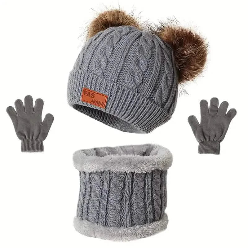 Kinder Winter Gestrickter Wollfutter Warmer Mütze, Schal, Handschuh Set Für 2-5 Jahre Alte Jungen Und Mädchen