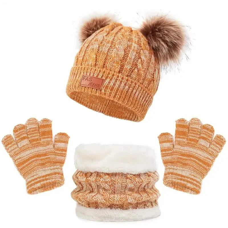 Kinder Winter Gestrickter Wollfutter Warmer Mütze, Schal, Handschuh Set Für 2-5 Jahre Alte Jungen Und Mädchen
