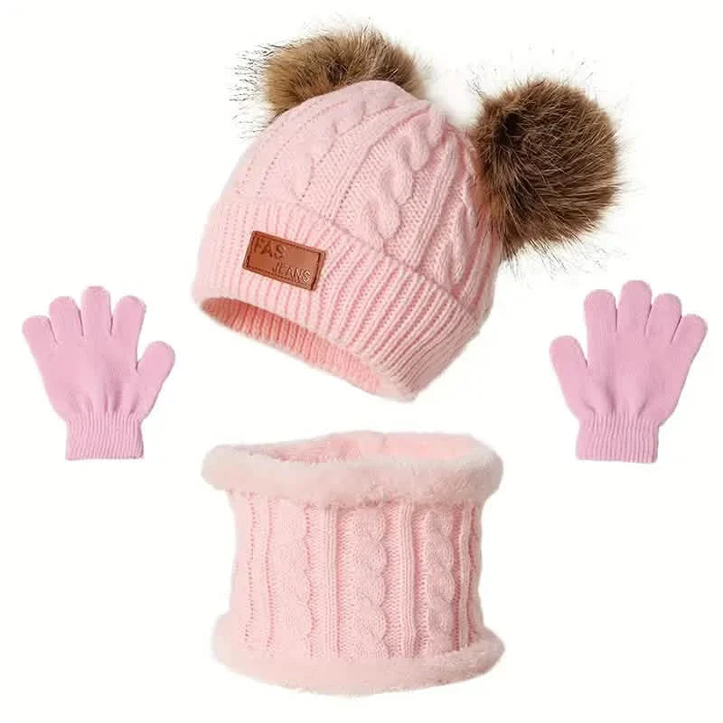 Kinder Winter Gestrickter Wollfutter Warmer Mütze, Schal, Handschuh Set Für 2-5 Jahre Alte Jungen Und Mädchen