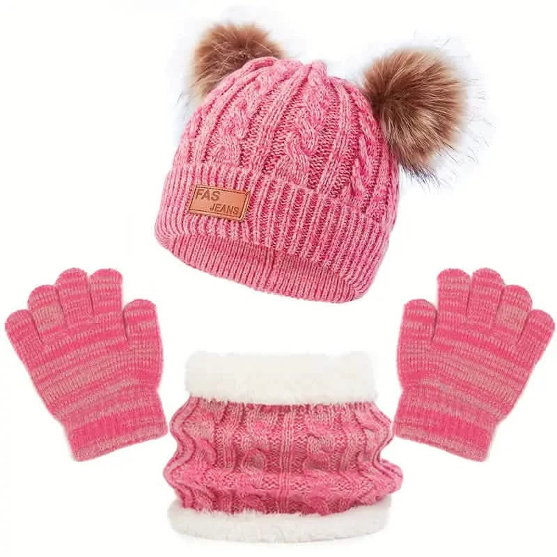 Kinder Winter Gestrickter Wollfutter Warmer Mütze, Schal, Handschuh Set Für 2-5 Jahre Alte Jungen Und Mädchen