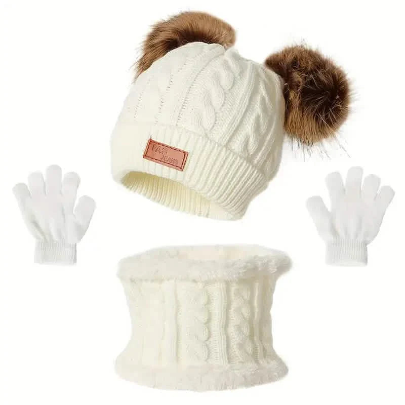 Kinder Winter Gestrickter Wollfutter Warmer Mütze, Schal, Handschuh Set Für 2-5 Jahre Alte Jungen Und Mädchen