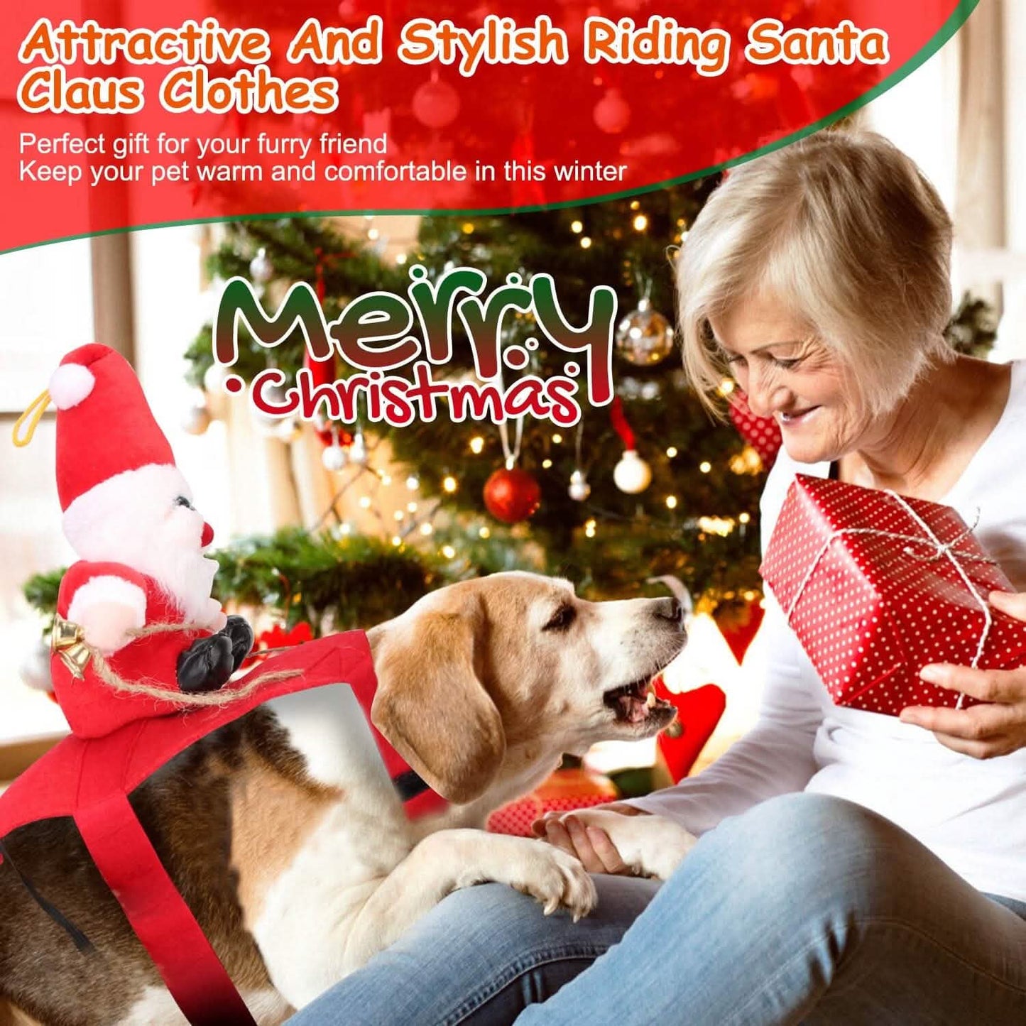 Weihnachtskostüme Roter Wintermantel für Hunde, Reitender Weihnachtsmann mit Glocke