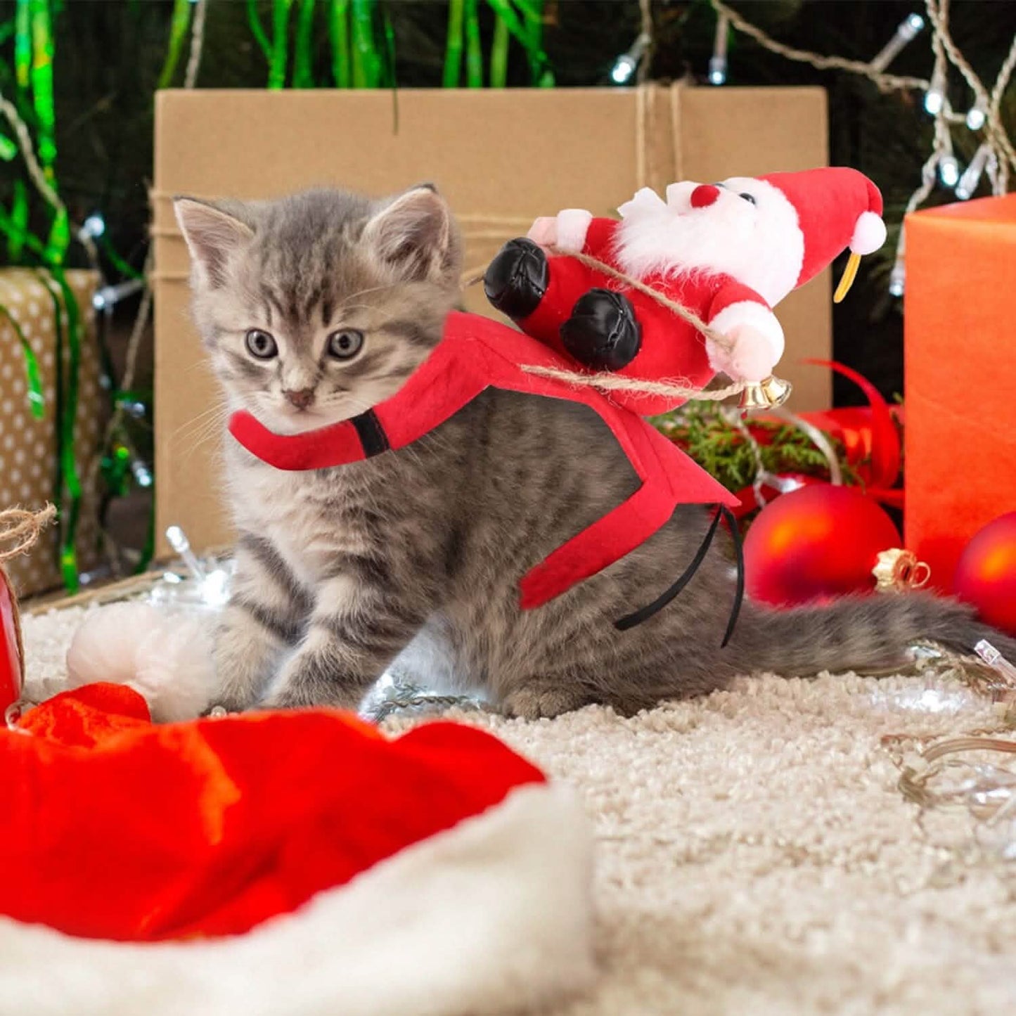 Weihnachtskostüme Roter Wintermantel für Hunde, Reitender Weihnachtsmann mit Glocke