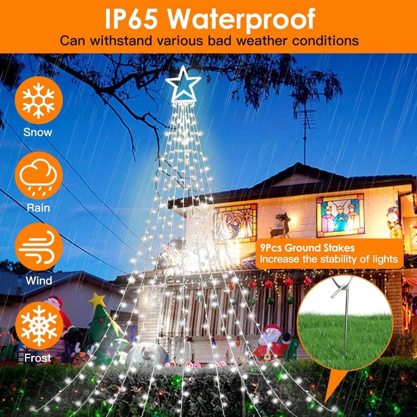Weihnachtliche Lichterkette mit Wasserfall-Effekt und Stern-Spitze