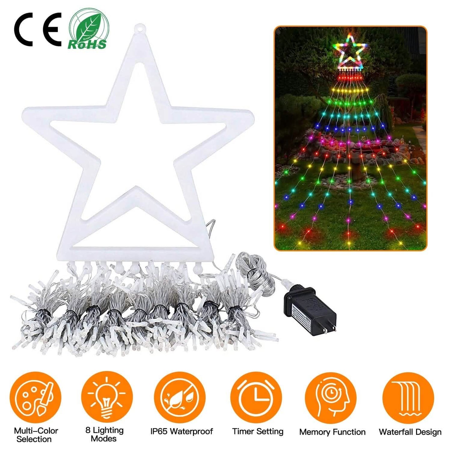Weihnachtliche Lichterkette mit Wasserfall-Effekt und Stern-Spitze