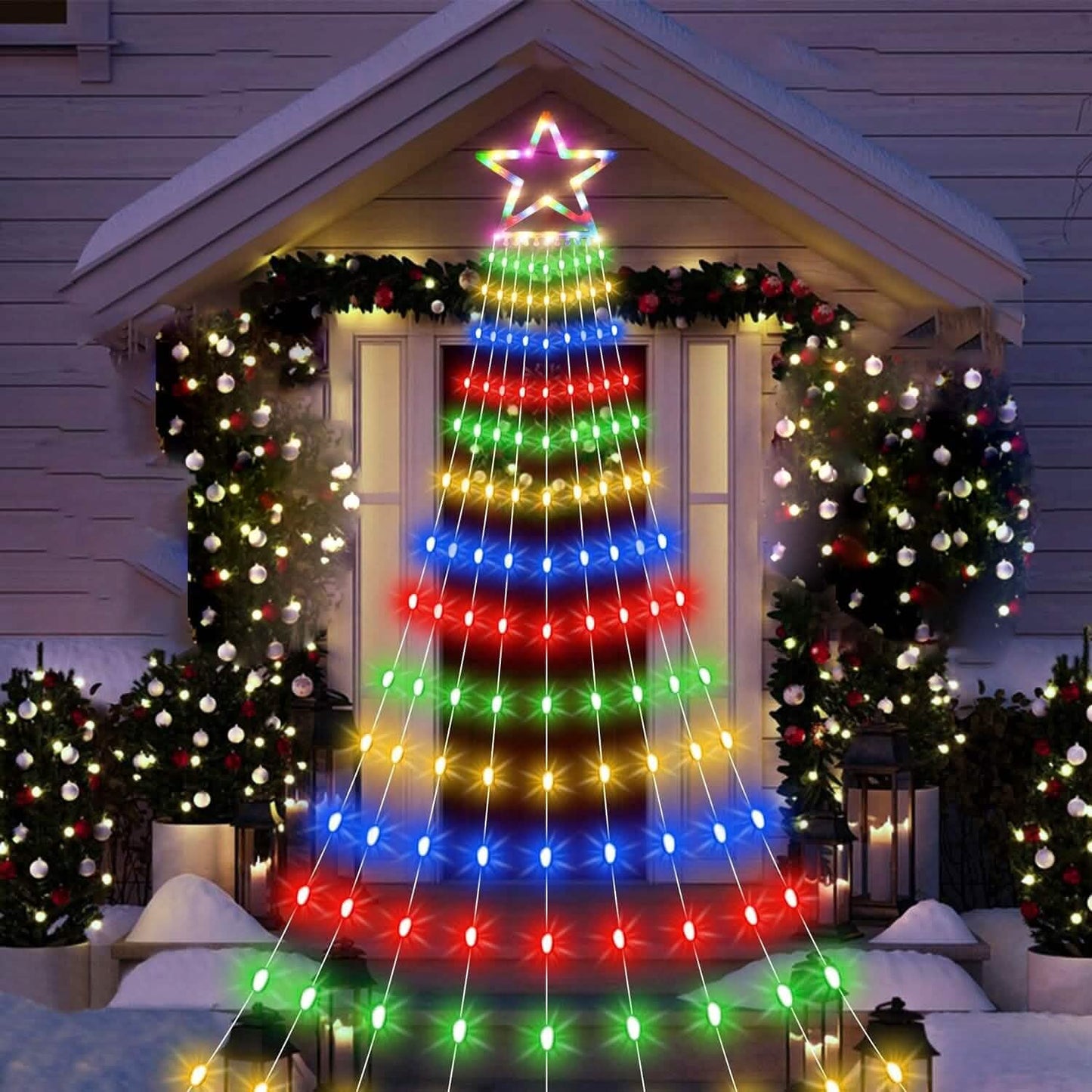 Weihnachtliche Lichterkette mit Wasserfall-Effekt und Stern-Spitze