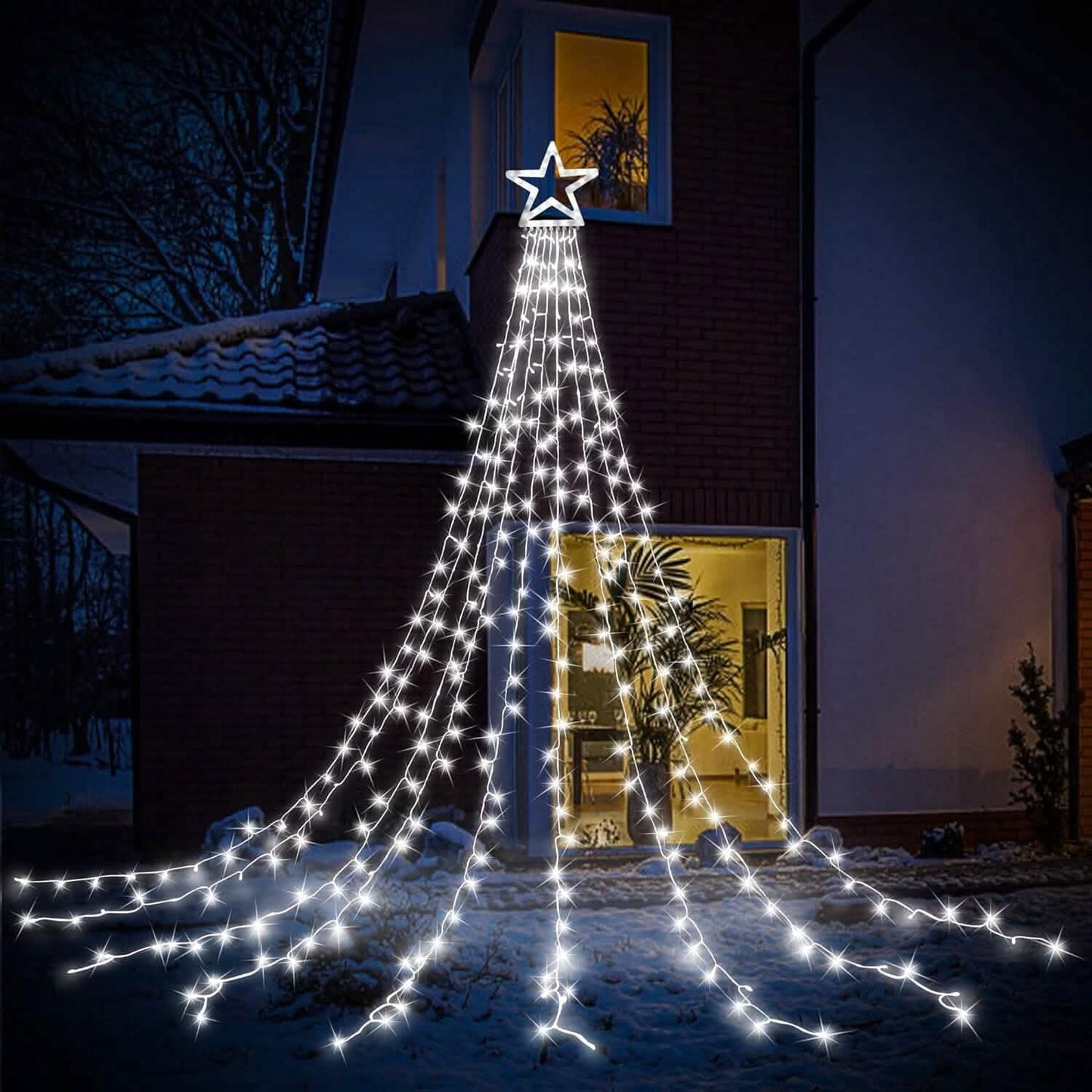 Weihnachtliche Lichterkette mit Wasserfall-Effekt und Stern-Spitze