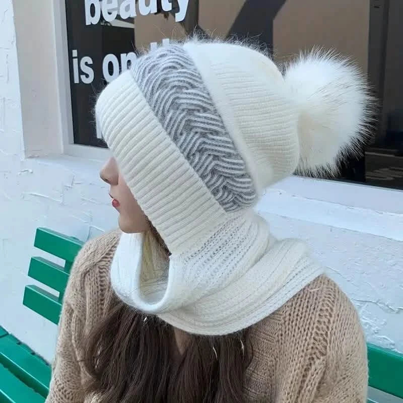 Kältefeste warme Mütze mit Bommel klassischer Kapuzenschal elastische Strickmützen warme Mützen