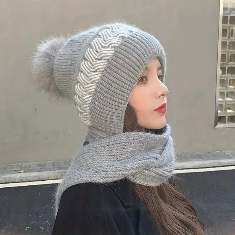 Kältefeste warme Mütze mit Bommel klassischer Kapuzenschal elastische Strickmützen warme Mützen