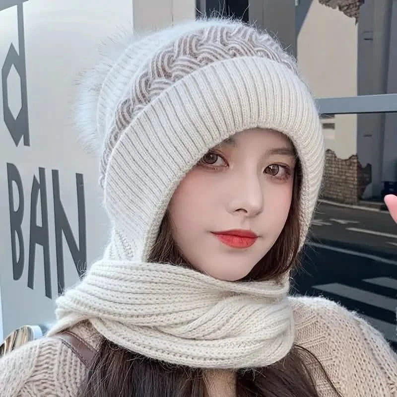 Kältefeste warme Mütze mit Bommel klassischer Kapuzenschal elastische Strickmützen warme Mützen