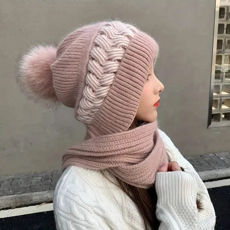 Kältefeste warme Mütze mit Bommel klassischer Kapuzenschal elastische Strickmützen warme Mützen