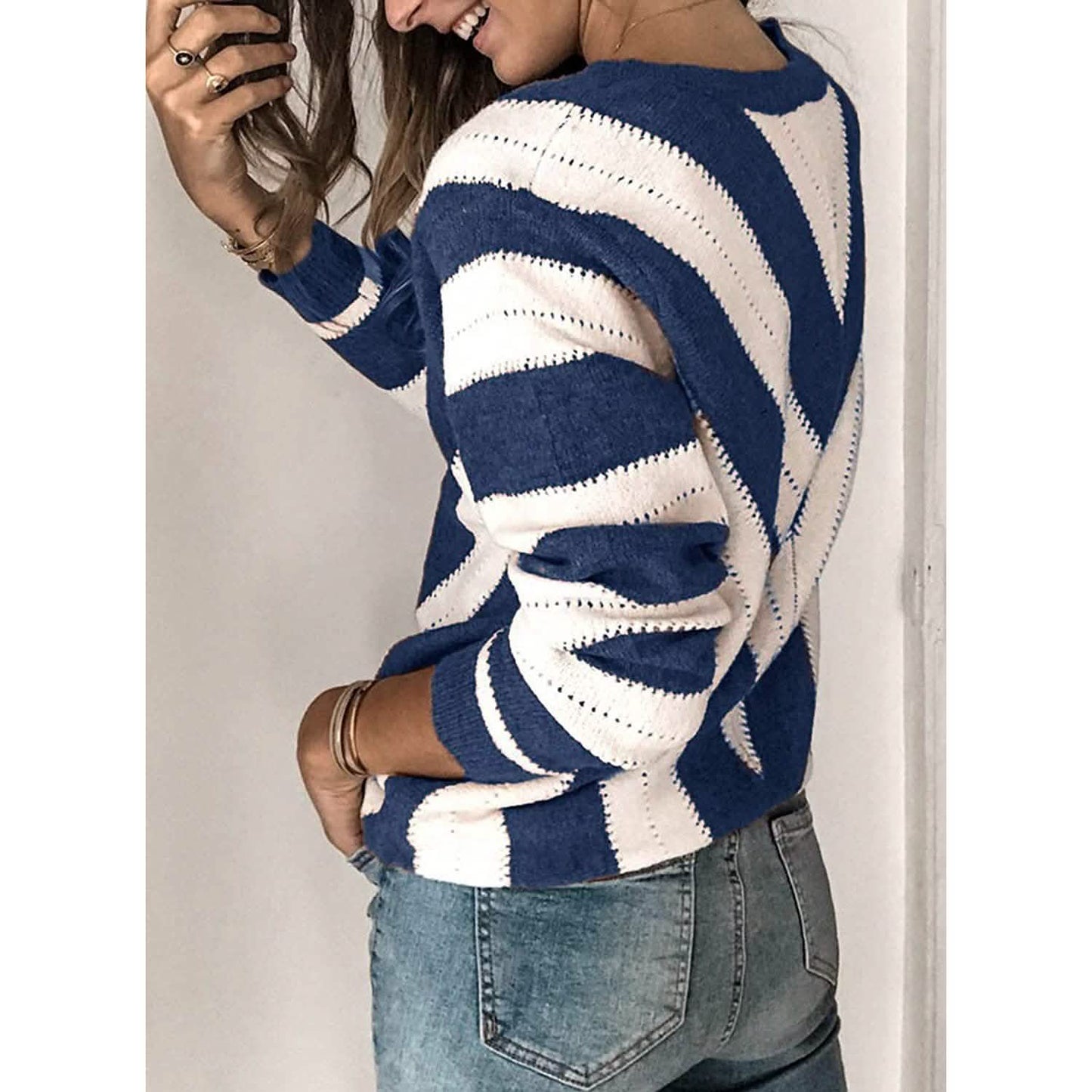 Farbblock-gestreifter V-Ausschnitt-Pullover für Damen, Langarm-Strickpullover
